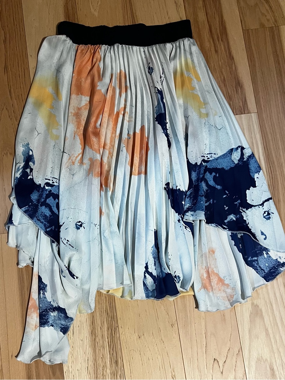 Zara Pleated Asymmetrical Midi Skirt in White, Navy, Orange and Yellow size M